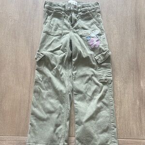 Abercrombie Kids Olive High Rise Wide Leg Cargo Pants with Flower Embroidery
